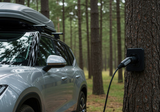 Electric vehicle charging at tree-mounted station in forest
