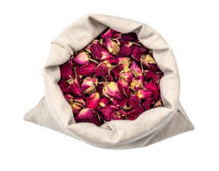 top view of crushed dried rose petals in soft natural cotton sack for herbal skincare spa aromatherapy and botanical tea on isolated background
