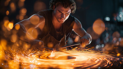 Glassblower Shaping a Glowing Artistic Form in Vibrant Heat