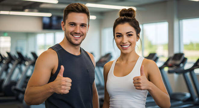 Happy fitness couple giving thumbs up at the gym, achieving health goals together, feeling strong and energetic after a great workout session.