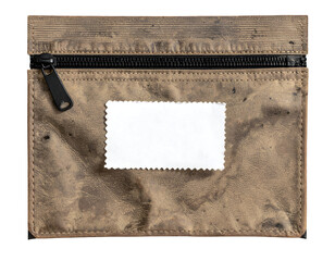 worn dirty vintage zip pouch with white torn barcode sticker on front surface isolated on white background for storage concept or old grunge packaging design
