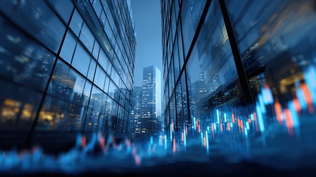 Modern glass skyscrapers in a bustling city at night with illuminated reflections and colorful digital data overlays