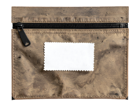 worn dirty vintage zip pouch with white torn barcode sticker on front surface isolated on white background for storage concept or old grunge packaging design
