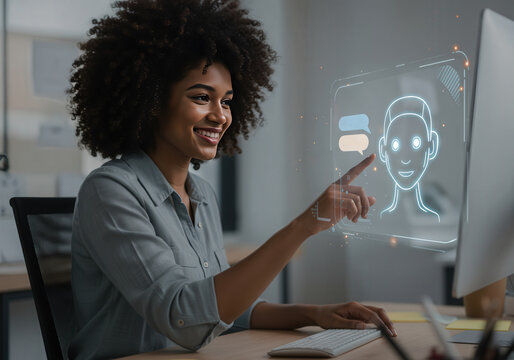Afro-haired female office worker smiling and interacting with AI Chatbot interface