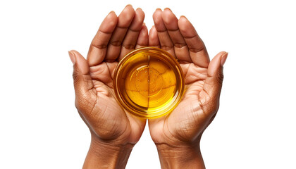 cupped hands holding a bowl of nourishing golden oil – natural skincare and wellness concept

