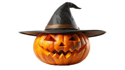 A carved pumpkin with a witch hat and a glowing spooky face isolated on transparent background