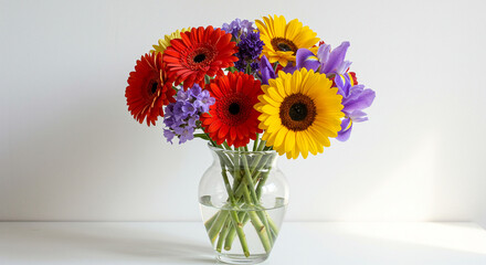 Fototapeta premium Vibrant Bouquet of Gerbera Daisies, Sunflowers, and Irises in a Clear Glass Vase: A Stunning Display of Colorful Flowers for Home Decor, Floral Arrangements, and Springtime Celebrations. Perfect fo...