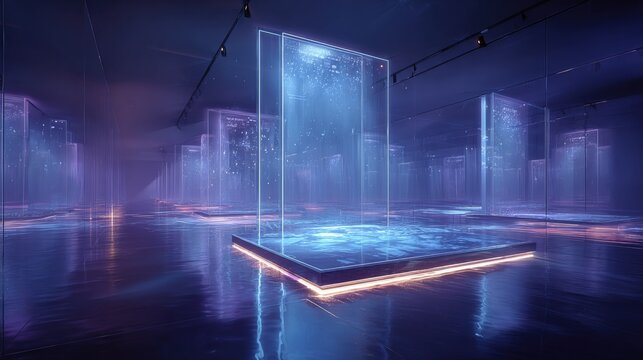 Futuristic digital art installation with illuminated glass panels and glowing water reflecting vibrant blue and purple hues in a high-tech environment