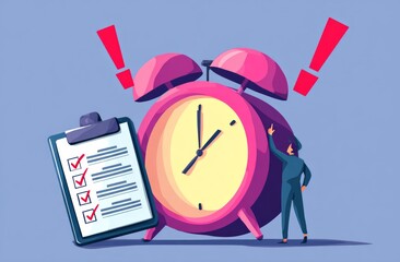 Pink Alarm Clock with Checklists and Exclamation Marks Illustrating Time Management and Urgency
