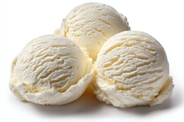 Obraz premium Three scoops of creamy vanilla ice cream with smooth texture and rounded shape against a white background, perfect for desserts and treats