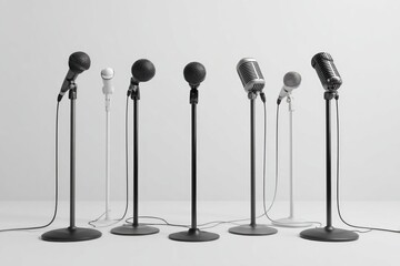 Collection of Vintage Black and White Microphones on Stands in Minimalist Studio Setting