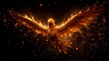 majestic fiery phoenix soaring through a dark sky wings wide open glowing with golden and ember-like flames intense cinematic lighting slow-motion sparks flying around dramatic movement high detail
