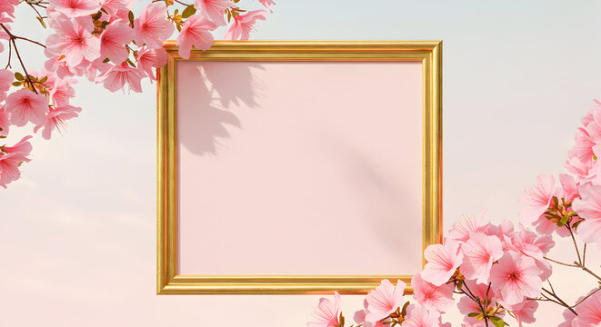 Elegant gold frame mockup with delicate pink azalea blossoms, perfect for spring announcements or wedding invitations, showcasing a soft pastel background.