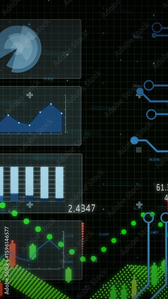 Poster digital data charts and graphs over circuit board animation on dark background