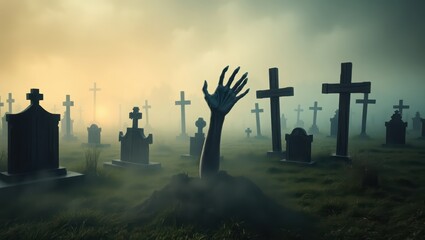 Obraz premium Zombie hand rising from grave in spooky graveyard halloween horror concept image stock
