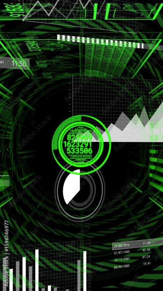 Poster animation of futuristic green data visualizations and graphs in tunnel design
