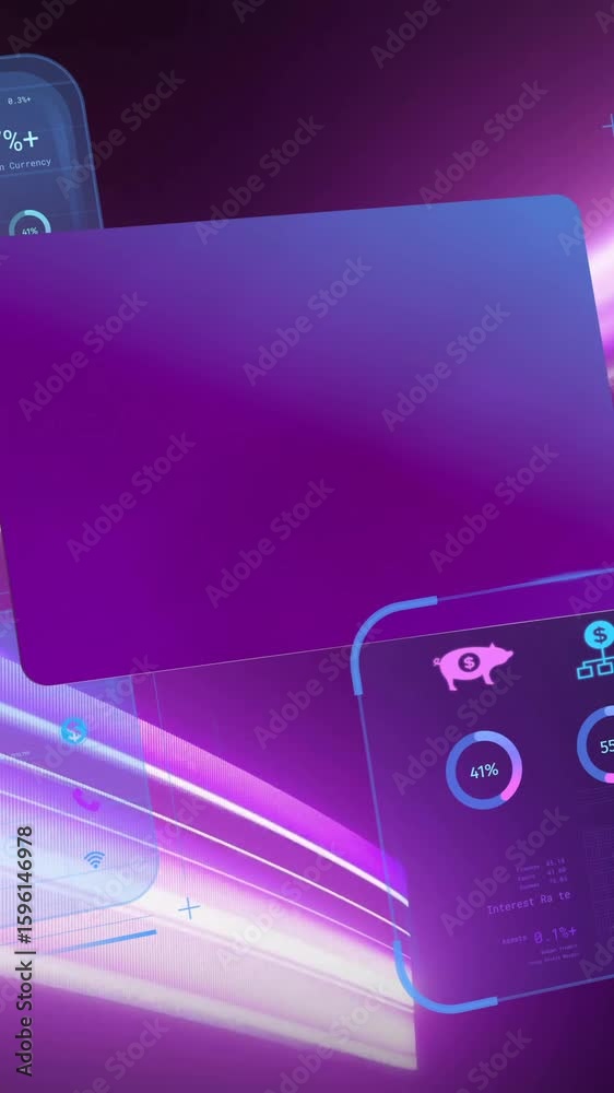 Poster animation of digital data analytics with graphs and charts on purple background