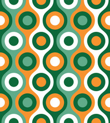 Vertical wavy green, orange, and white stripes. Geometric composition of concentric circles. Abstract retro style. Seamless repeating pattern. Vector illustration for textile, wrapping, and wallpaper.