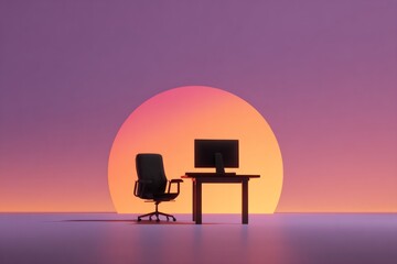 Modern Office Desk with Computer and Chair Silhouette Sunset Background