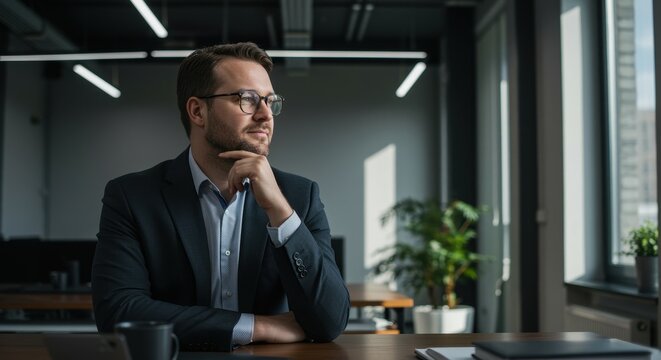 A thoughtful man in glasses and a suit sits in a modern office, gazing out the window with a contemplative expression.