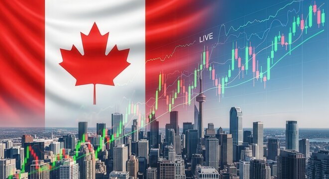 Canadian flag with city skyline and stock market graph for financial growth concepts - Powered by Adobe