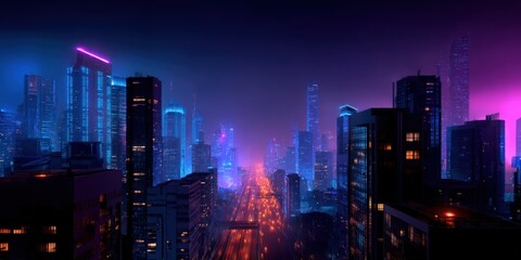 Obraz premium Stunning nighttime cityscape with illuminated skyscrapers and vibrant neon lights reflecting on the busy road below in a modern metropolitan area