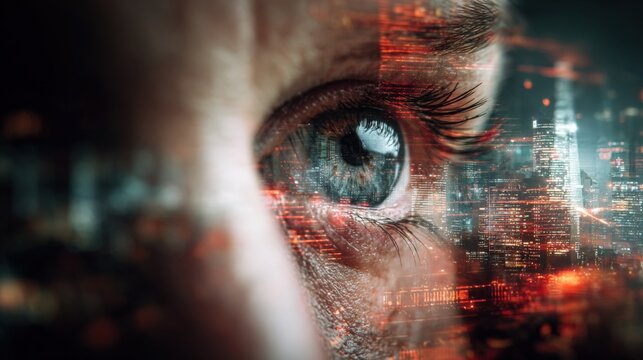 Close-up of a human eye with blue iris and long eyelashes overlaid with a futuristic digital cityscape and glowing red data streams