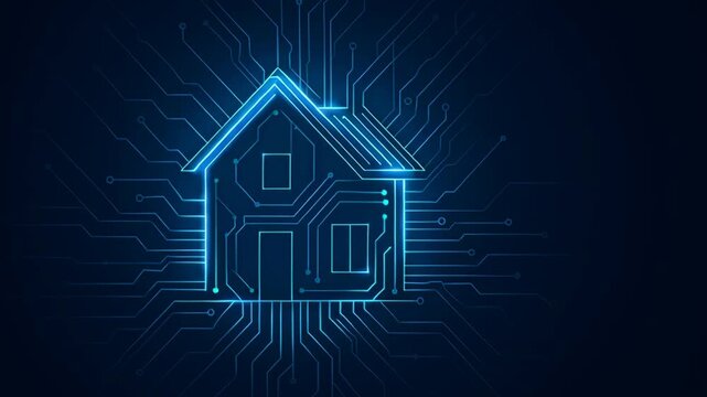 Smart home energy storage. Smart home technology with glowing blue circuit lines forming digital house shape, futuristic smart home circuit design