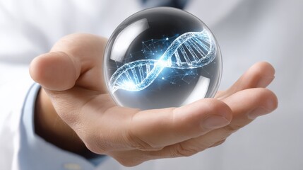 Advanced science and technology concept of DNA helix in a crystal ball being held by a scientist hand for genetic research and innovation
