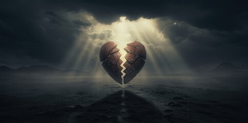 A cracked, broken heart floats above a barren landscape under dramatic, cloudy skies with rays of light piercing through, evoking themes of sorrow and healing.