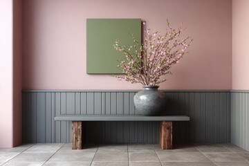 Elegant entryway with a modern bench grey vase and dried floral arrangement against a pink wall