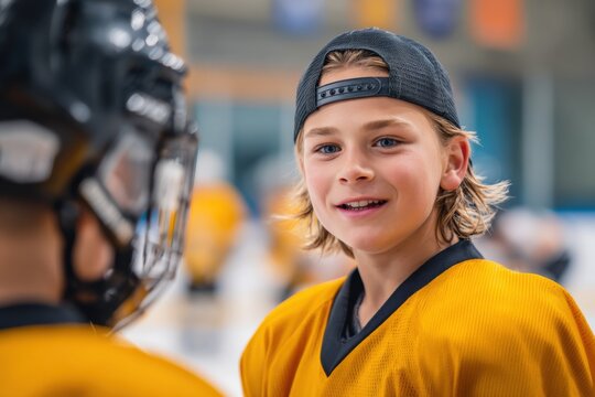 Young female hockey player with helmet smiling in locker room wea yellow jersey and protective gear prepa for game - Powered by Adobe