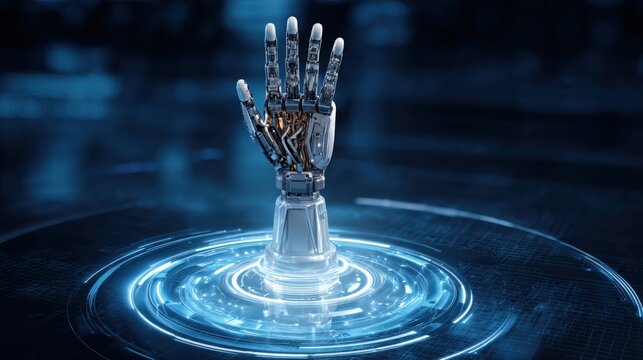 Highly detailed futuristic robotic hand emerging from water with technology and digital effects over dark background