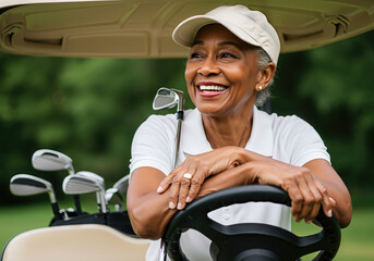 Joyful senior African American woman in golf cart with clubs on sunny golf course