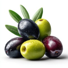 Obraz premium Fresh ripe black, green, and purple olives with water droplets and green leaves isolated on white background