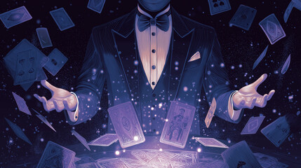 Magician performing card tricks with flying cards in action