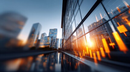 Modern urban cityscape at sunset with glass skyscrapers and financial data charts reflected on in a contemporary downtown district
