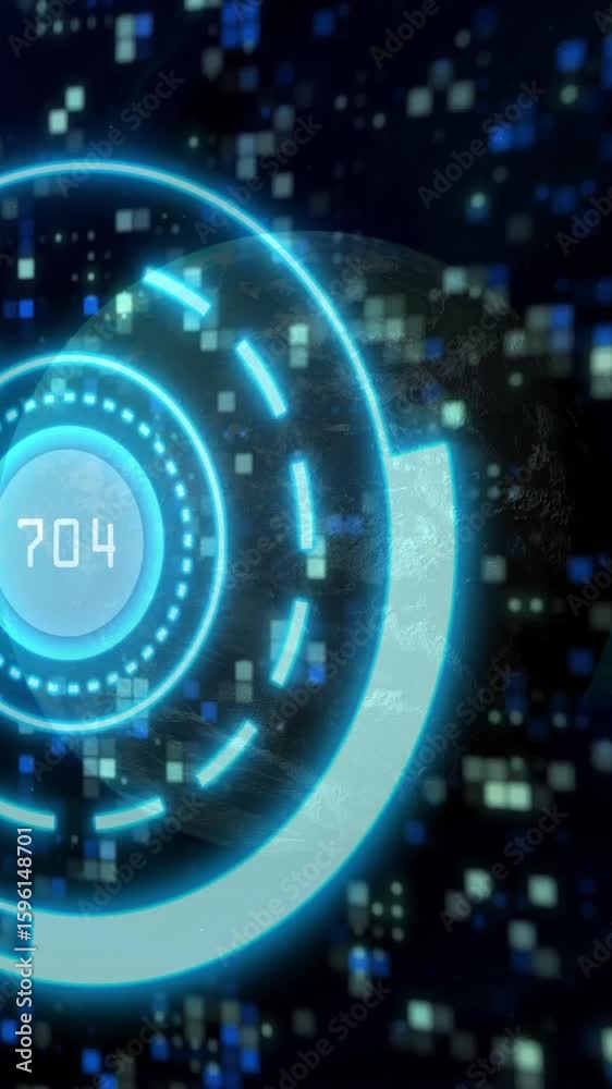 Poster Animation of glowing blue circular elements with binary code in digital interface