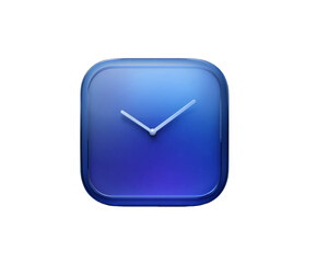 A blue square clock icon with a transparent glass effect, isolated on transparent background,...