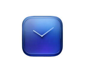 A blue square clock icon with a transparent glass effect, isolated on transparent background, showing the time with its hour and minute hands
