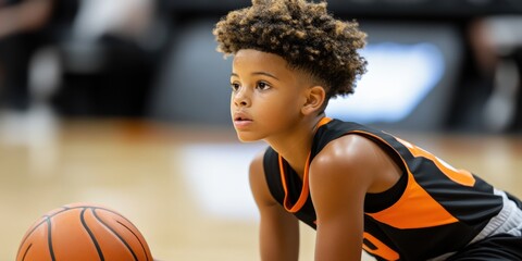 Young African American boy basketball player in uniform prepa for free throw shot on indoor court with focused expression and athletic stance