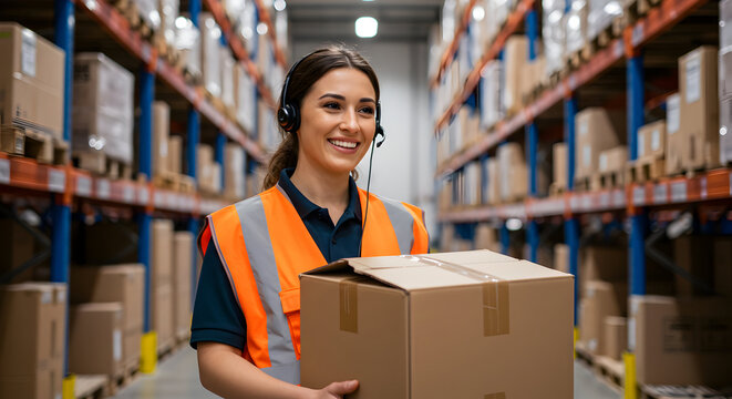 Happy warehouse worker smiles while carrying a box, using headset, in a large distribution center, showcasing efficient logistics and teamwork.