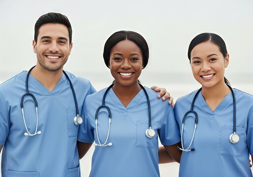 Diverse group of smiling healthcare professionals in blue scrubs with stethoscopes