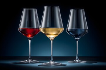 Three elegant wine glasses filled with different colored beverages.