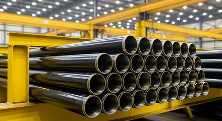 Stack of black metal pipes on yellow crane rack