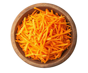A wooden bowl filled with vibrant shredded carrots, isolated on transparent background, showcasing their bright orange color and fresh texture