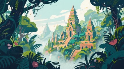 Ancient temple ruins covered in lush jungle foliage, surrounded by mist and vibrant tropical plants, evoking mystery and adventure.