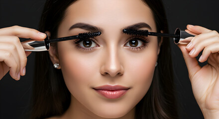 Applying mascara perfectly: a woman demonstrates the easy technique for long, luscious lashes, enhancing her natural beauty with this simple makeup tip.