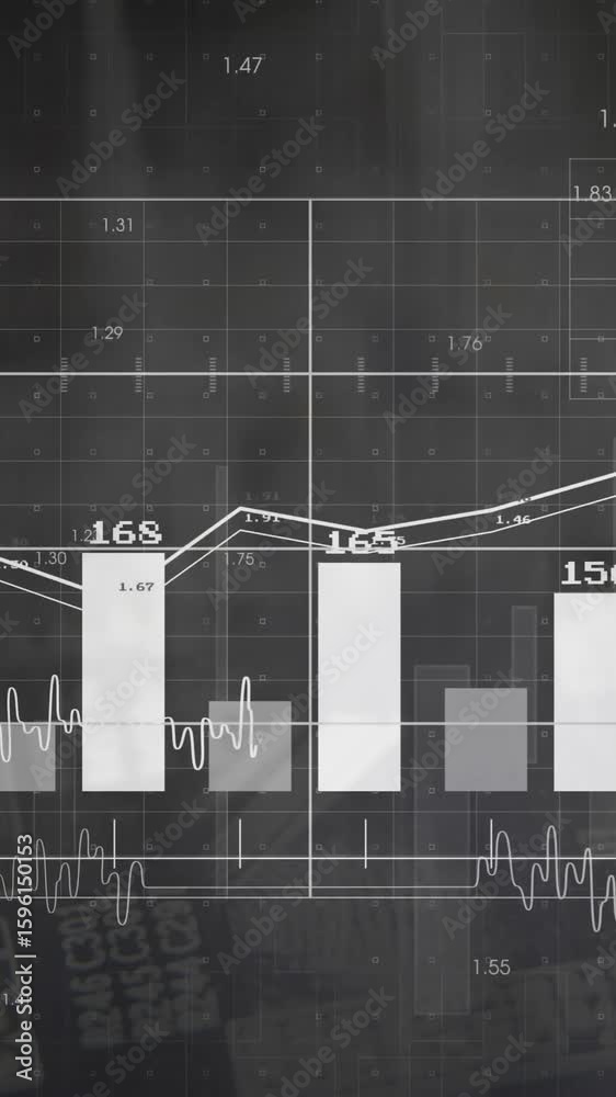 Poster animation of fluctuating data trends with bar and line charts on dark background