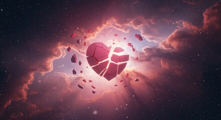 A shattered heart floats in cosmic space, surrounded by glowing clouds and stars, symbolizing heartbreak and emotional fragmentation.